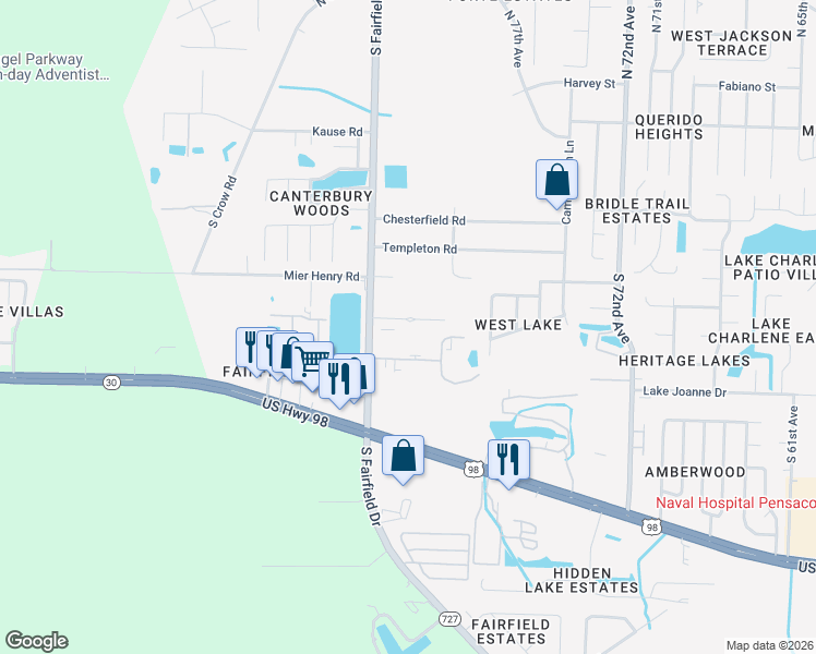 map of restaurants, bars, coffee shops, grocery stores, and more near 488 Villa Drive in Pensacola