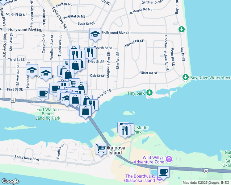 map of restaurants, bars, coffee shops, grocery stores, and more near 272 Brooks Street Southeast in Fort Walton Beach