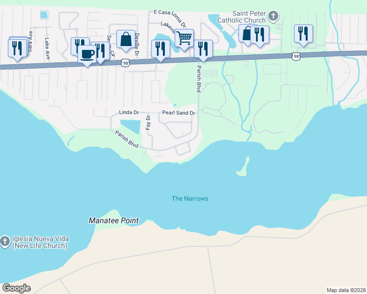 map of restaurants, bars, coffee shops, grocery stores, and more near 558 Parish Boulevard in Mary Esther
