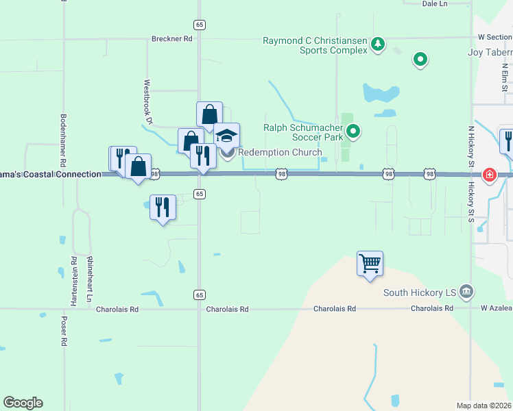 map of restaurants, bars, coffee shops, grocery stores, and more near 18194 Us Highway 98 in Foley