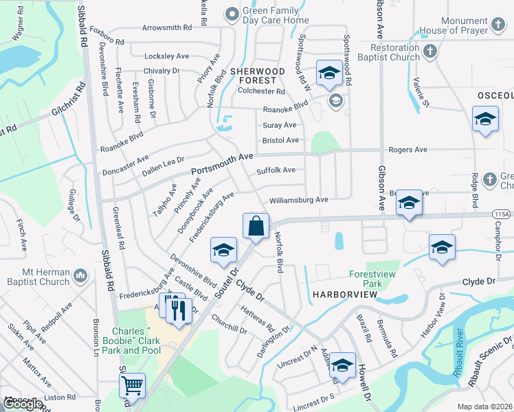 map of restaurants, bars, coffee shops, grocery stores, and more near 9114 Norfolk Boulevard in Jacksonville