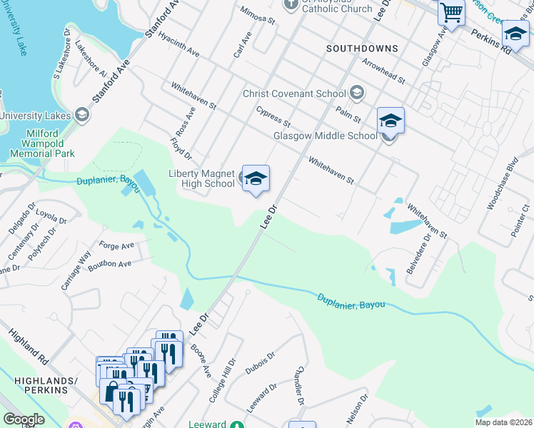 map of restaurants, bars, coffee shops, grocery stores, and more near 1105 Lee Drive in Baton Rouge