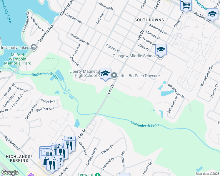 map of restaurants, bars, coffee shops, grocery stores, and more near 1105 Lee Drive in Baton Rouge