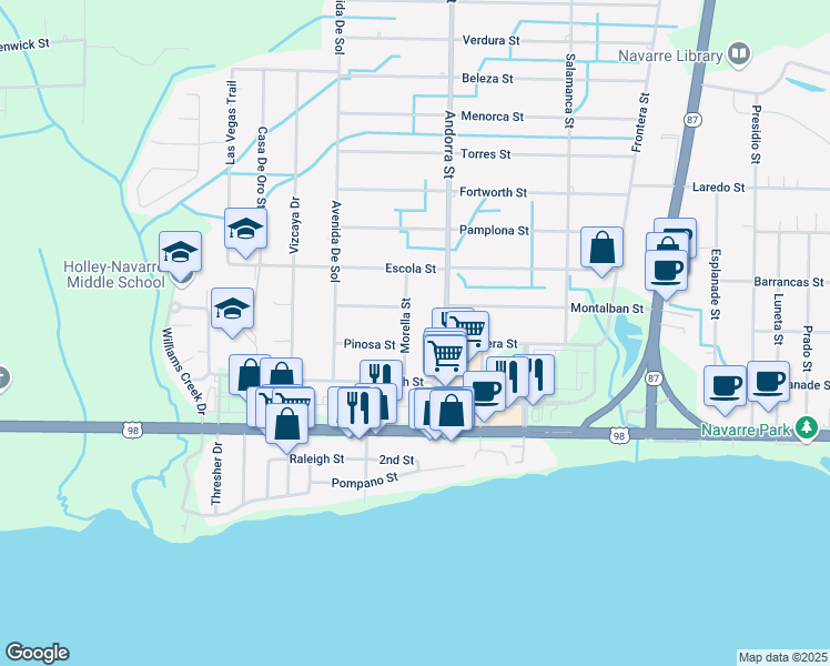 map of restaurants, bars, coffee shops, grocery stores, and more near 1941 Andorra Street in Navarre