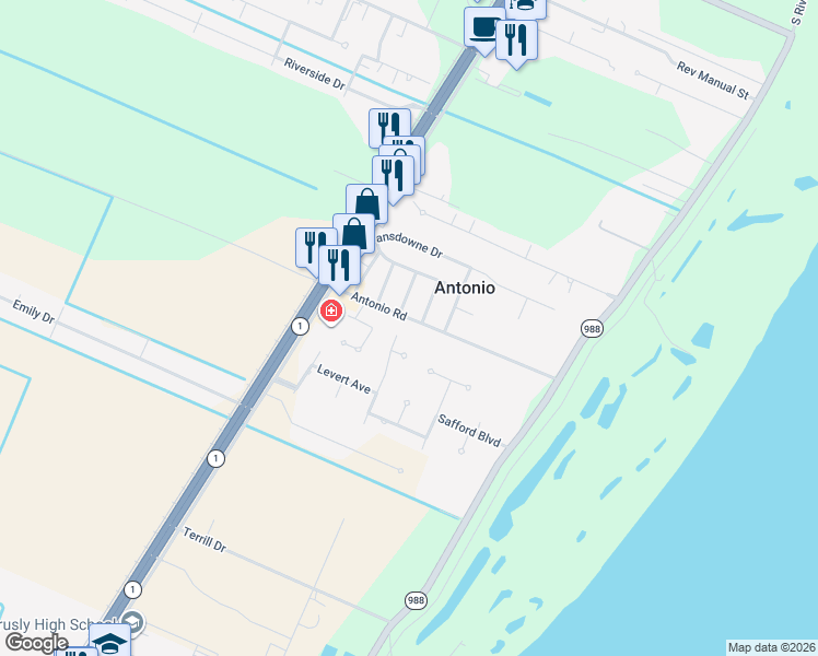 map of restaurants, bars, coffee shops, grocery stores, and more near 2027 Antonio Road in Port Allen