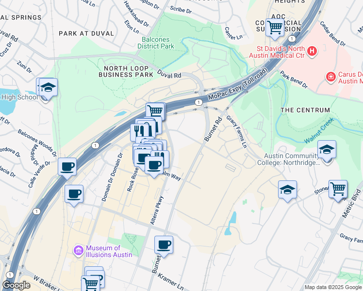 map of restaurants, bars, coffee shops, grocery stores, and more near 10902 Burnet Road in Austin