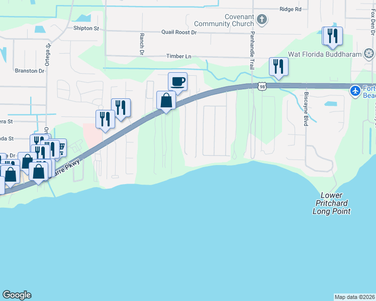 map of restaurants, bars, coffee shops, grocery stores, and more near 1972 Fontainebleau Court in Navarre