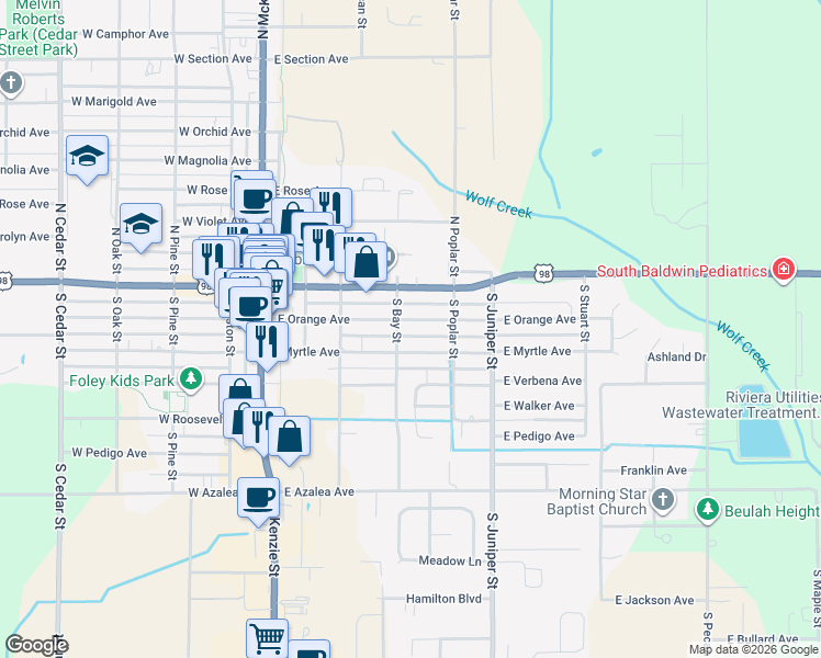 map of restaurants, bars, coffee shops, grocery stores, and more near 402 East Orange Avenue in Foley