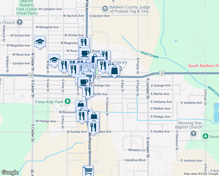 map of restaurants, bars, coffee shops, grocery stores, and more near 201 South Cypress Street in Foley