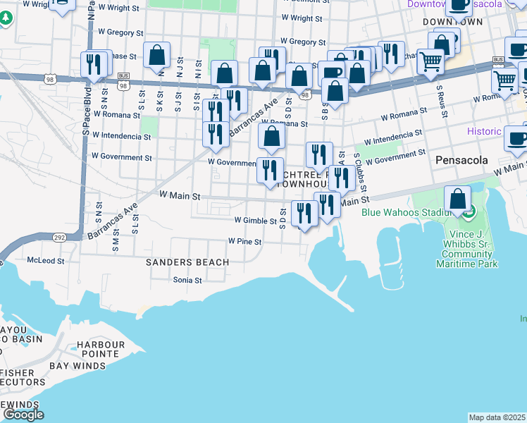 map of restaurants, bars, coffee shops, grocery stores, and more near 519 South E Street in Pensacola