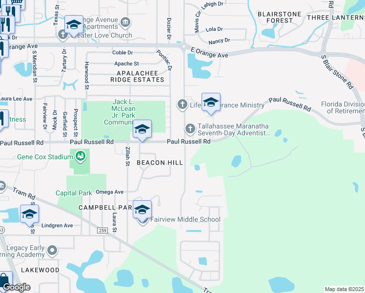 map of restaurants, bars, coffee shops, grocery stores, and more near 3200 Jim Lee Road in Tallahassee