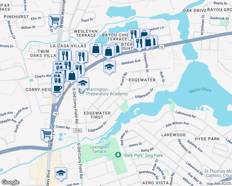 map of restaurants, bars, coffee shops, grocery stores, and more near 503 Frisco Road in Pensacola