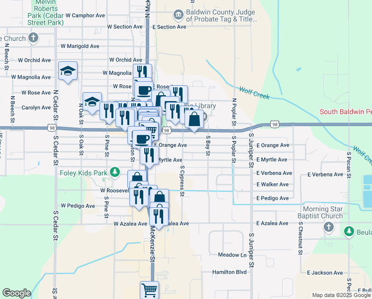 map of restaurants, bars, coffee shops, grocery stores, and more near 201 South Cypress Street in Foley