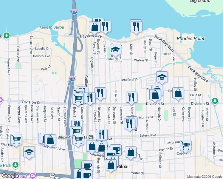 map of restaurants, bars, coffee shops, grocery stores, and more near 332 Magnolia Street in Biloxi