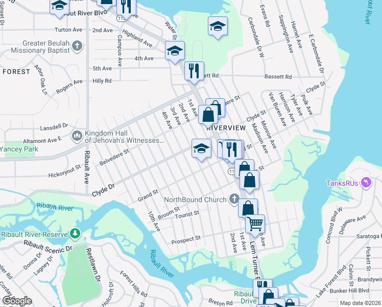 map of restaurants, bars, coffee shops, grocery stores, and more near 9060 3rd Avenue in Jacksonville