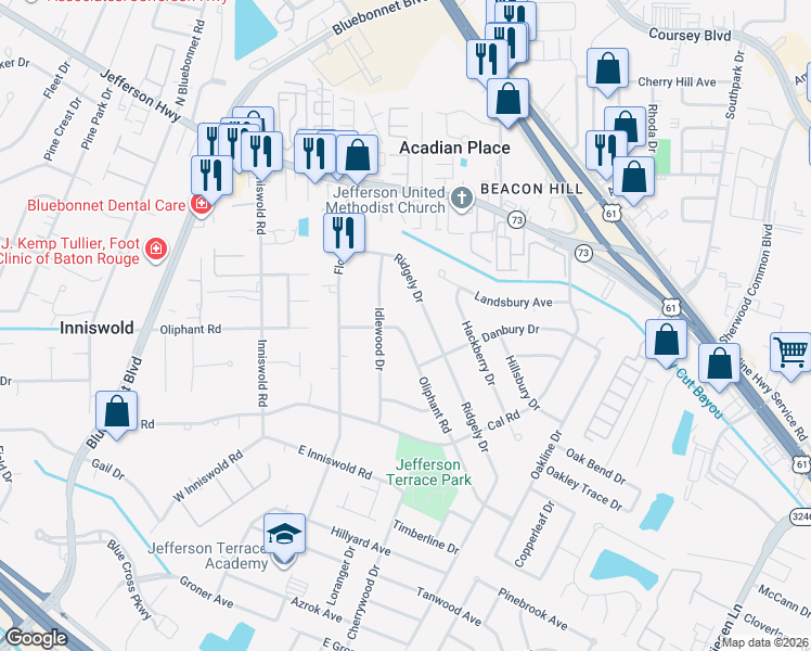 map of restaurants, bars, coffee shops, grocery stores, and more near 10127 Oliphant Road in Baton Rouge