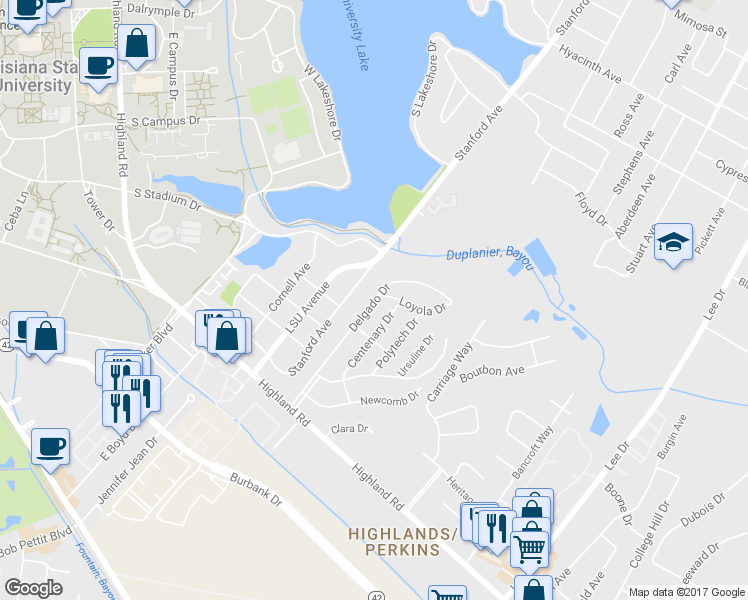 map of restaurants, bars, coffee shops, grocery stores, and more near 615 Delgado Drive in Baton Rouge