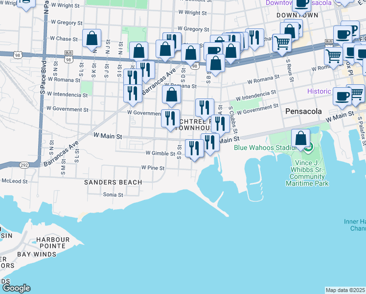 map of restaurants, bars, coffee shops, grocery stores, and more near 1001 West Main Street in Pensacola