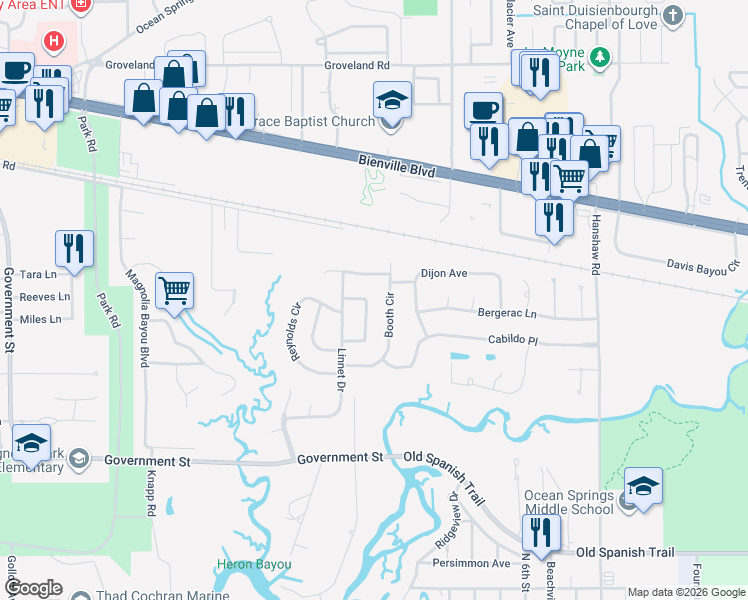 map of restaurants, bars, coffee shops, grocery stores, and more near 120 Lynne Therese Circle in Ocean Springs