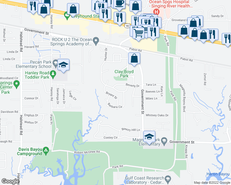 map of restaurants, bars, coffee shops, grocery stores, and more near 314 Hunter Drive in Ocean Springs