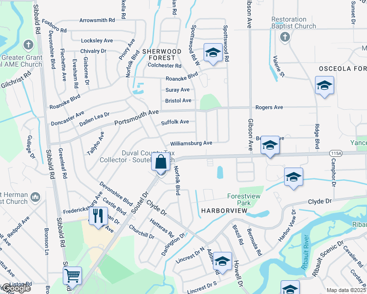 map of restaurants, bars, coffee shops, grocery stores, and more near 4634 Williamsburg Avenue in Jacksonville