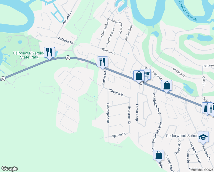 map of restaurants, bars, coffee shops, grocery stores, and more near 101 Pineland Drive in Mandeville