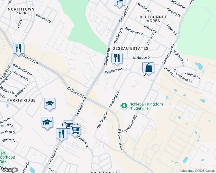 map of restaurants, bars, coffee shops, grocery stores, and more near 13601 Crooked Creek Drive in Pflugerville