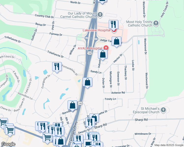 map of restaurants, bars, coffee shops, grocery stores, and more near 2681 North Causeway Boulevard in Mandeville