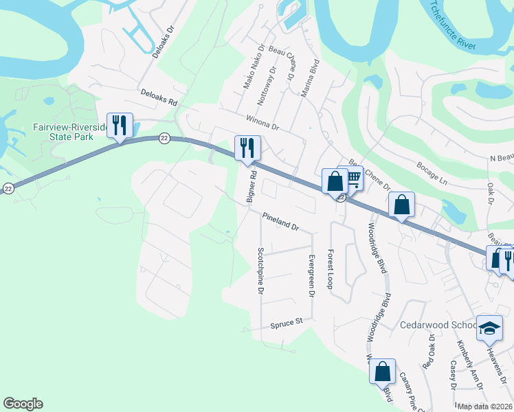 map of restaurants, bars, coffee shops, grocery stores, and more near 101 Pineland Dr in Mandeville