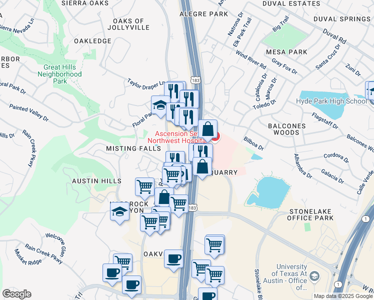 map of restaurants, bars, coffee shops, grocery stores, and more near 11044 Research Boulevard in Austin