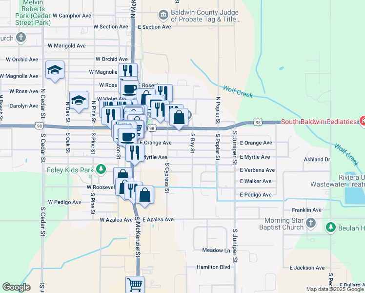 map of restaurants, bars, coffee shops, grocery stores, and more near 314 East Orange Avenue in Foley