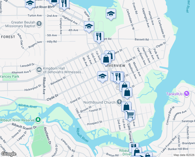 map of restaurants, bars, coffee shops, grocery stores, and more near 9060 3rd Avenue in Jacksonville