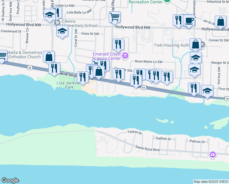 map of restaurants, bars, coffee shops, grocery stores, and more near 300 Miracle Strip Parkway Southwest in Fort Walton Beach