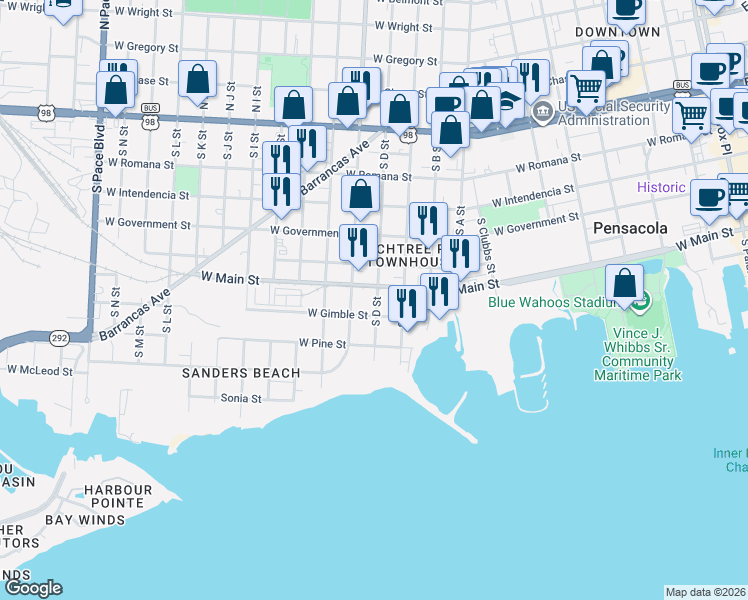 map of restaurants, bars, coffee shops, grocery stores, and more near 1001 West Main Street in Pensacola