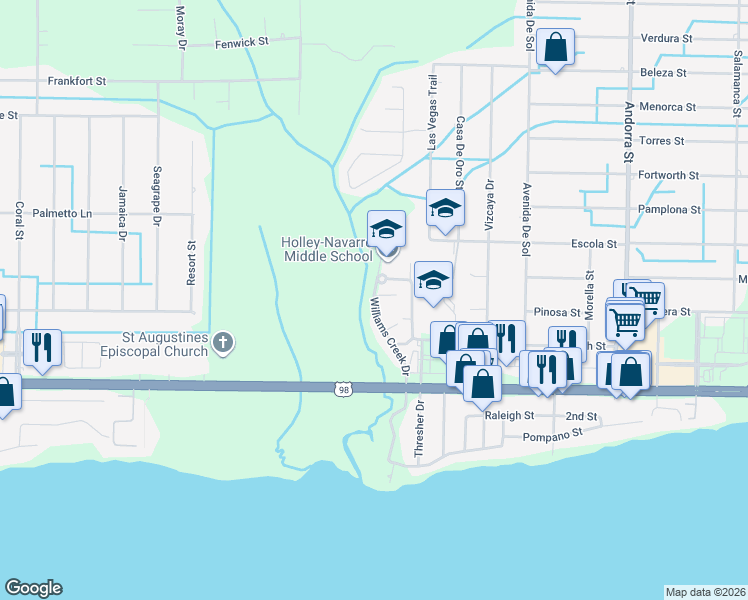 map of restaurants, bars, coffee shops, grocery stores, and more near 1976 Williams Creek Drive in Navarre