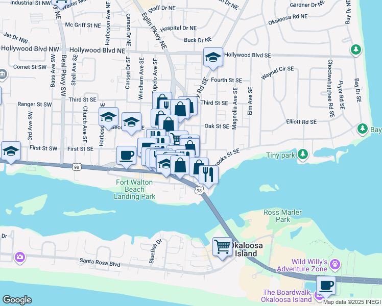 map of restaurants, bars, coffee shops, grocery stores, and more near 208 First Street Southeast in Fort Walton Beach