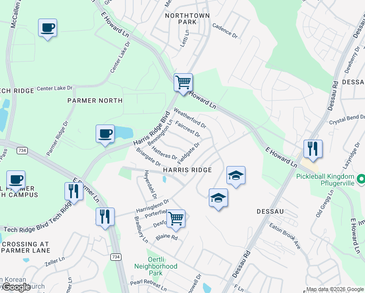map of restaurants, bars, coffee shops, grocery stores, and more near 1200 Blue Fox Drive in Austin