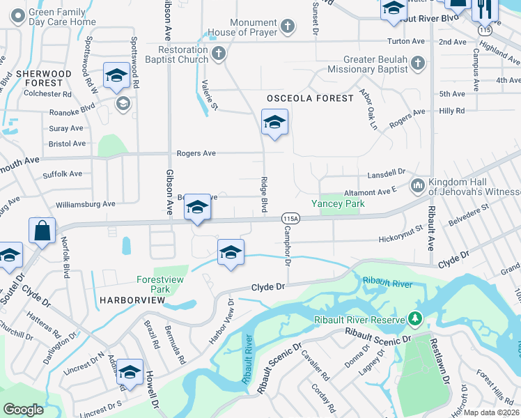 map of restaurants, bars, coffee shops, grocery stores, and more near 9020 Ridge Blvd in Jacksonville