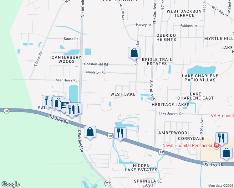 map of restaurants, bars, coffee shops, grocery stores, and more near 407 Ronji Way in Pensacola