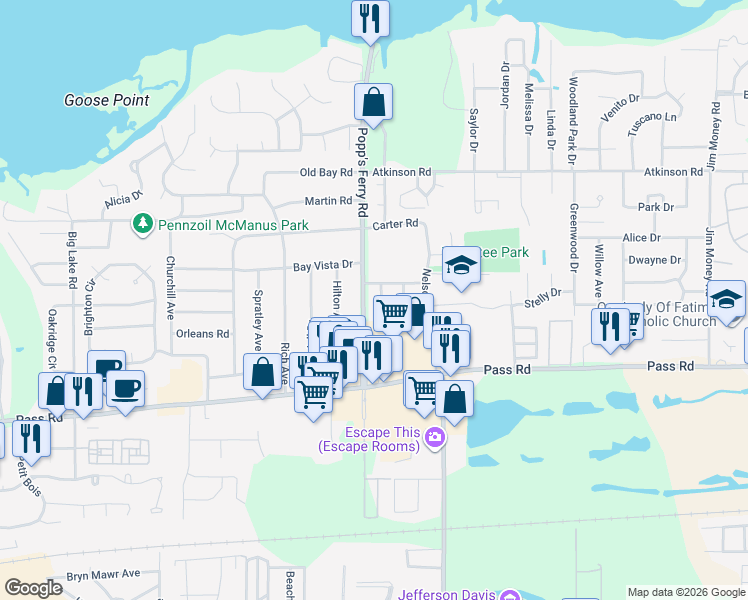 map of restaurants, bars, coffee shops, grocery stores, and more near 2393 Grants Ferry Drive in Biloxi