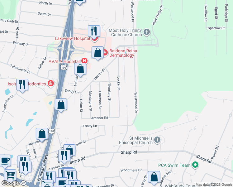 map of restaurants, bars, coffee shops, grocery stores, and more near 67131 Locke Street in Mandeville