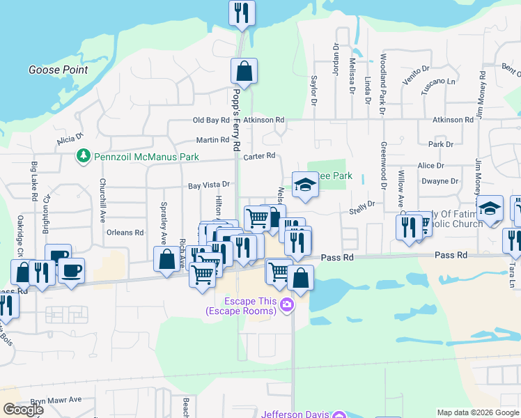 map of restaurants, bars, coffee shops, grocery stores, and more near 2393 Grants Ferry Drive in Biloxi