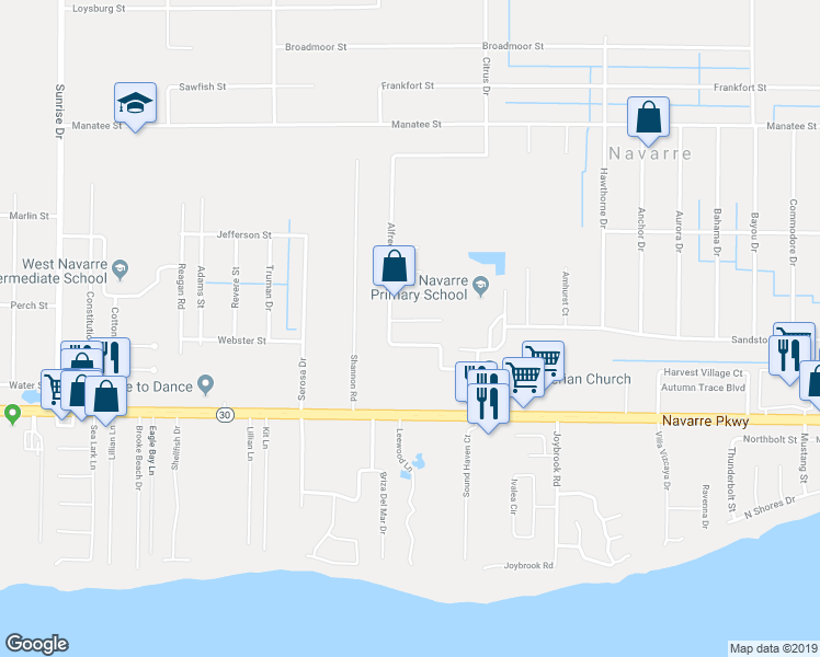 map of restaurants, bars, coffee shops, grocery stores, and more near 7217 Antoinette Circle in Navarre