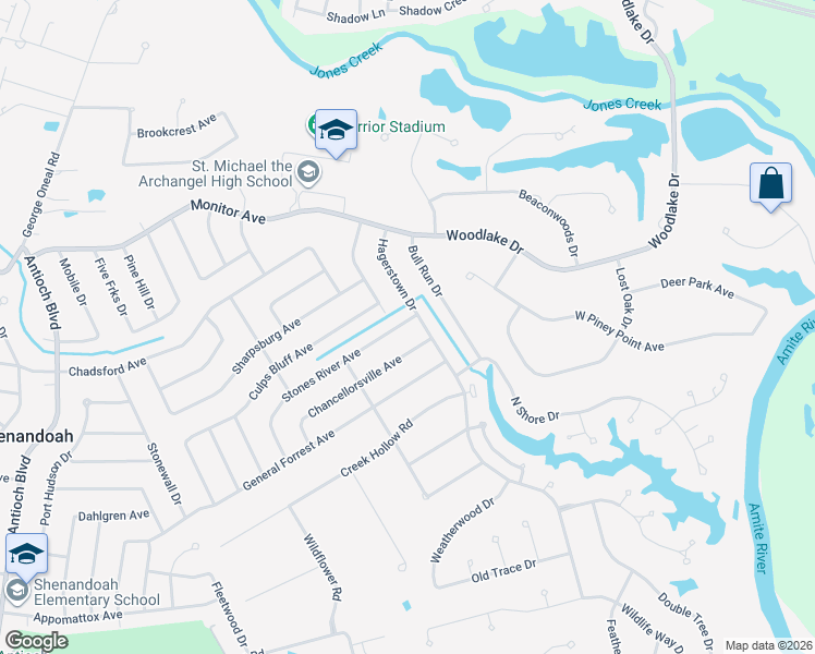 map of restaurants, bars, coffee shops, grocery stores, and more near 5123 Stones River Avenue in Baton Rouge