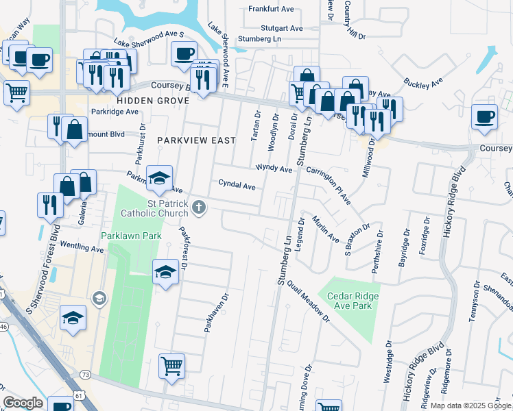 map of restaurants, bars, coffee shops, grocery stores, and more near 12685 Parkmeadow Avenue in Baton Rouge