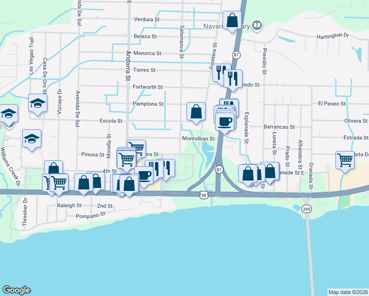 map of restaurants, bars, coffee shops, grocery stores, and more near 1946 Salamanca Street in Navarre