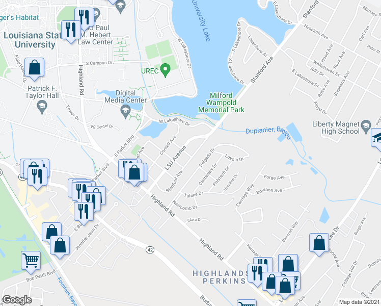 map of restaurants, bars, coffee shops, grocery stores, and more near 505 Stanford Avenue in Baton Rouge
