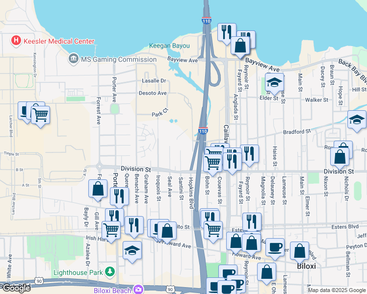 map of restaurants, bars, coffee shops, grocery stores, and more near 330 Santini Street in Biloxi