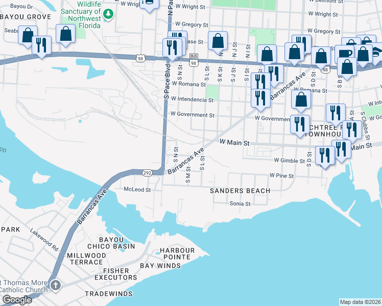 map of restaurants, bars, coffee shops, grocery stores, and more near 1828 West Gimble Street in Pensacola