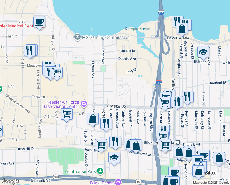 map of restaurants, bars, coffee shops, grocery stores, and more near 325 Benachi Avenue in Biloxi